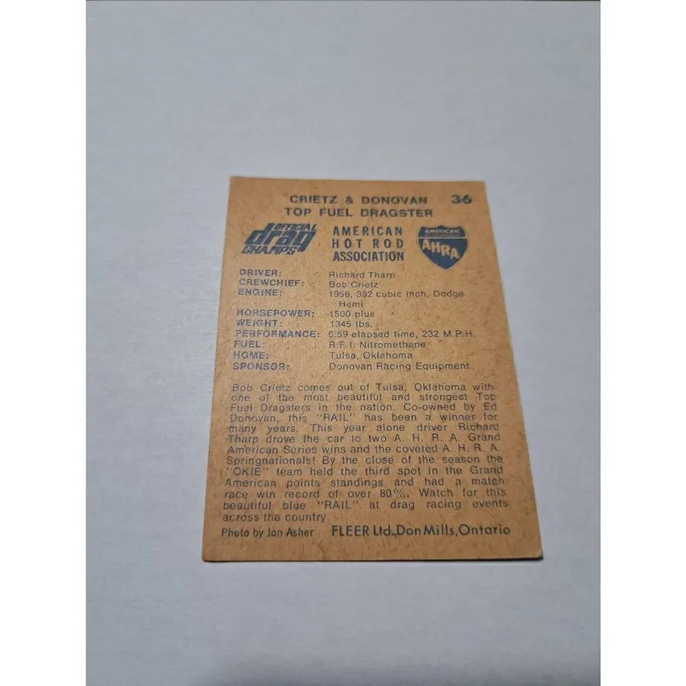 Vintage 1971 Fleer Crietz Donovan Top Fuel Dragster Drag Champs #36 Trading Card
